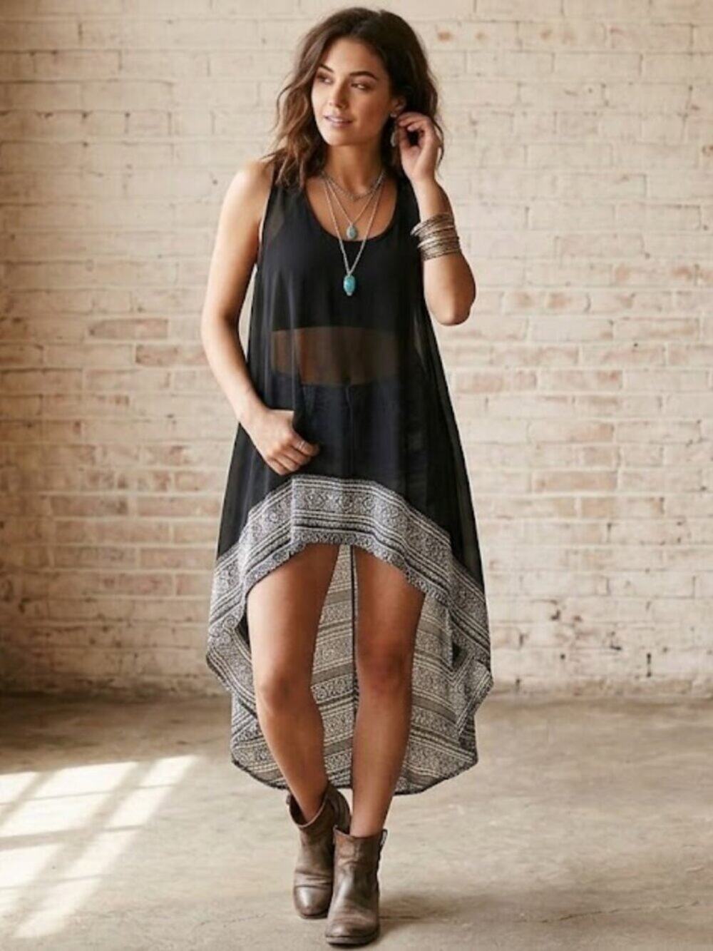Emma Rose Aztec Geometric High Low Mesh Tunic Tank Sleeveless M L